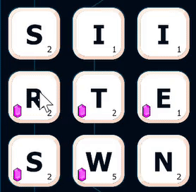 An animation illustrating how letters are chained to gether in the game Spellcast. The cursor starts on the left with the letter R, then connects in sequence the letters I-T-E, spelling out the word 'rite.'