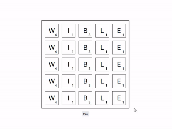 An animation showing a five-by-five grid of letters and a button underneath them. When the user clicks the button, the button disappears, and the grid of letters changes to now contain a random assortment of letters.