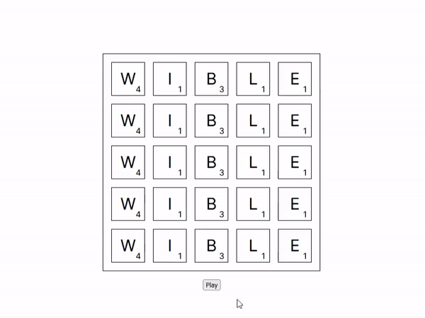 An animation showing a five-by-five grid of letters and a button underneath it. The user clicks the button, making it disappear, and the letters in the grid are replaced with a new assortment of letters. The user hesitates momentarily before clicking the letters S, I, and T. As the user clicks these letters, they appear above the grid, eventually spelling the word 'SIT.'