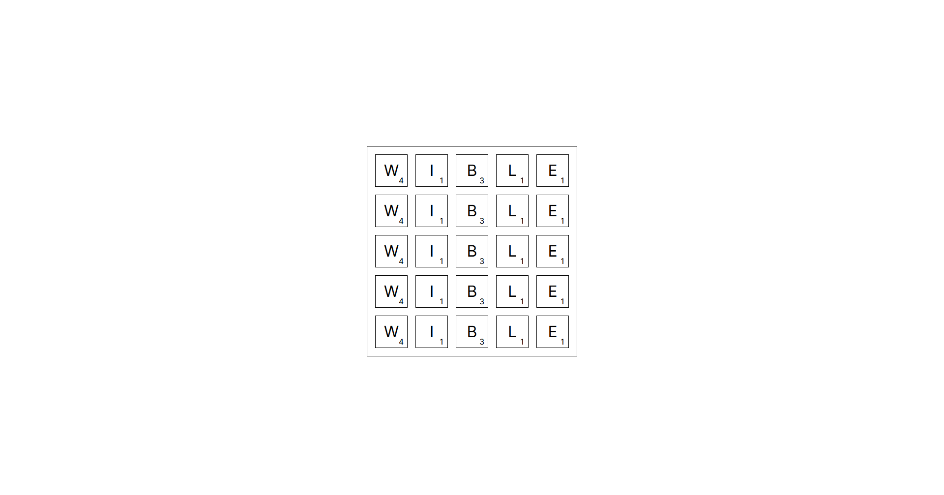 A five-by-five grid of letters, each row misspelling the game title as "W-I-B-L-E."