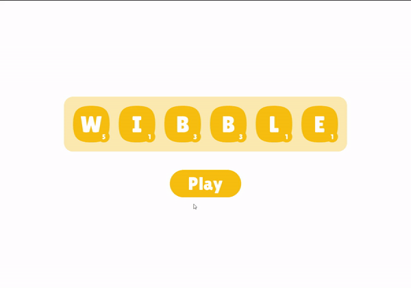 An animation showing a new design for Wibble. It starts with a title screen where Wibble is spelled out using playful-looking orange tiles. When the user clicks the "Play" button, the button is yanked downwards out of view as the logo shrinks, only to bounce back as a single orange square. The square is then filled with a grid of white letter tiles that bounce into position.