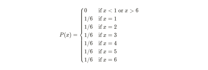 Mathematical notation describing a discrete function, P of X. The function returns zero for all values of X less than one or greater than six. For the values of one, two, three, four, five, and six, the function returns one-sixth.