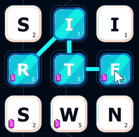 An animation that illustrates how you can backtrack in Spellcast by hovering over the second-to-last character in the letter chain. Shown here is a chain spelling the word 'rite' being backtracked by the player moving their cursor from E to T, then I, and finally, R.